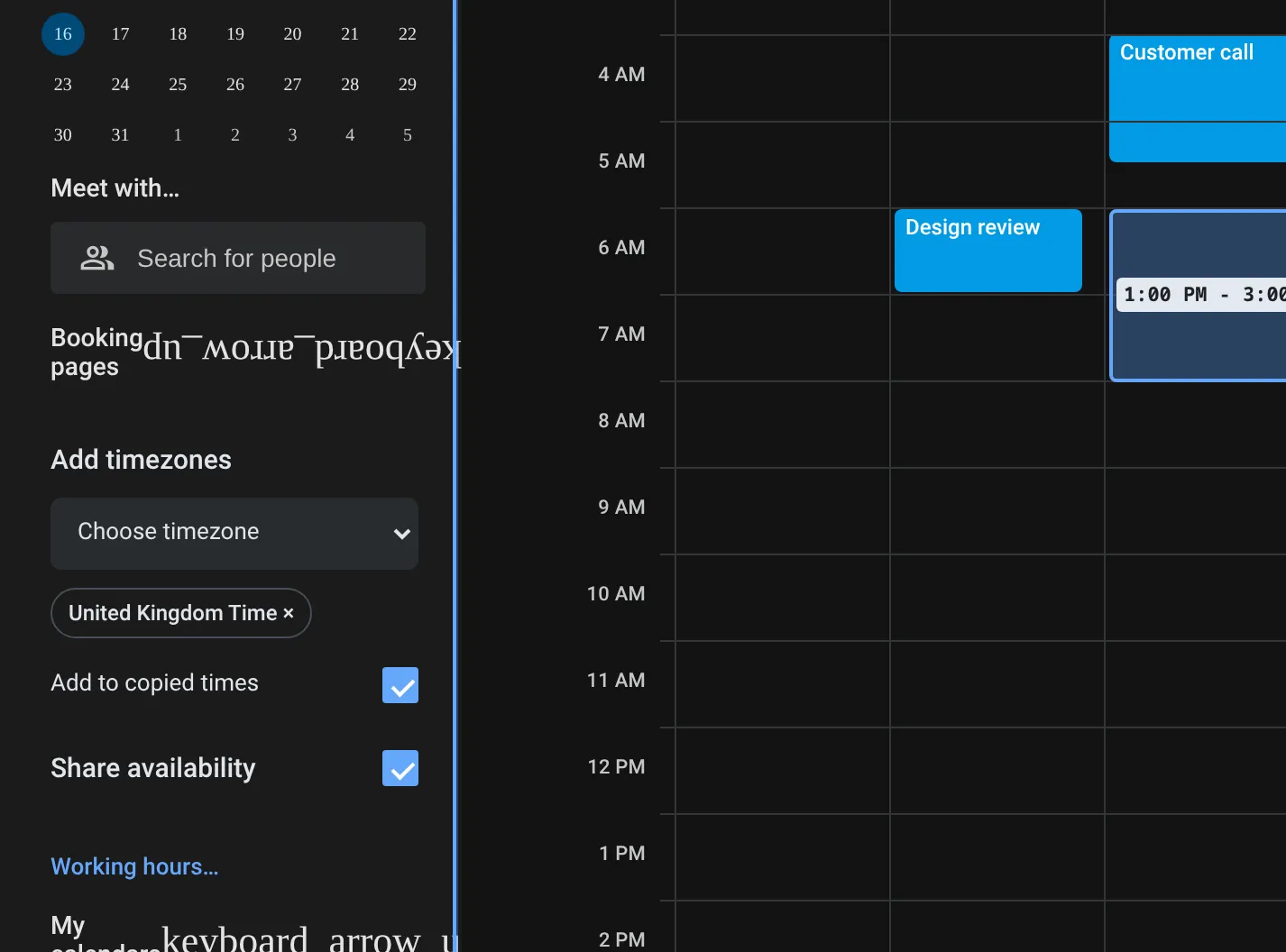 Google Calendar with a United Kingdom time ruler beside the hour labels, and Slotclip’s timezone controls in the sidebar with London chosen.